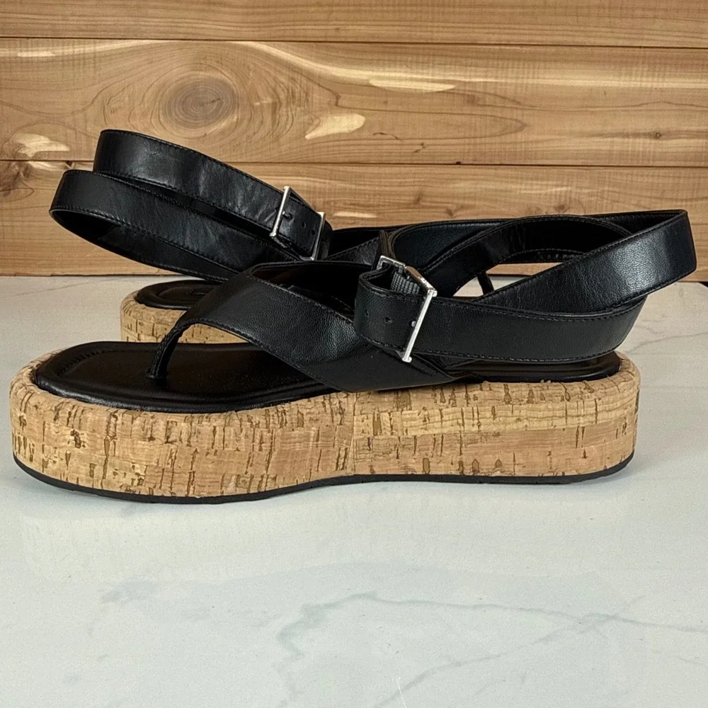 Schutz Tessie Black Leather Cork Platform Thong Sandals Womens 7B Ankle Strap